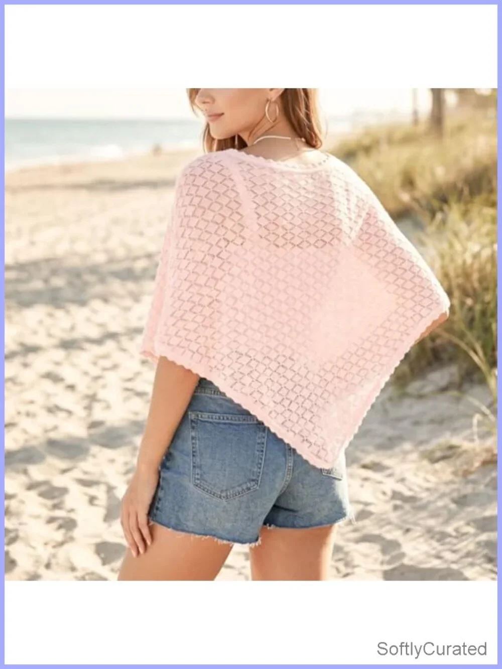 Crochet Batwing Sleeve Scalloped Trim Poncho Open Front Coverup Wrap